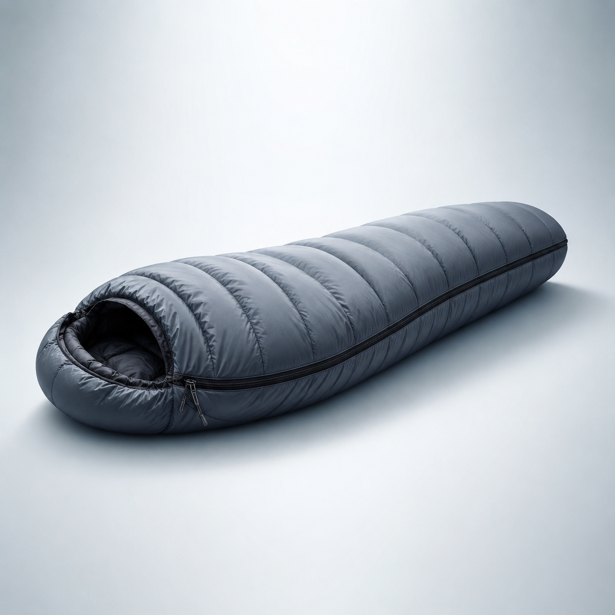 Basecamp 0°F down mummy sleeping bag in charcoal grey, packed and rolled, side view