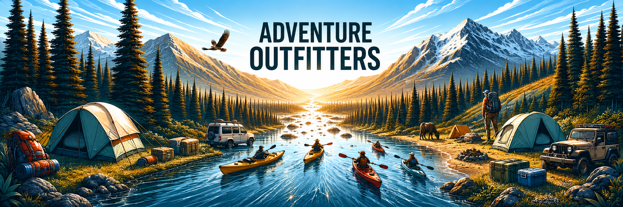 Illustrated mountain river scene with kayakers, tents, and forest, with Adventure Outfitters banner text