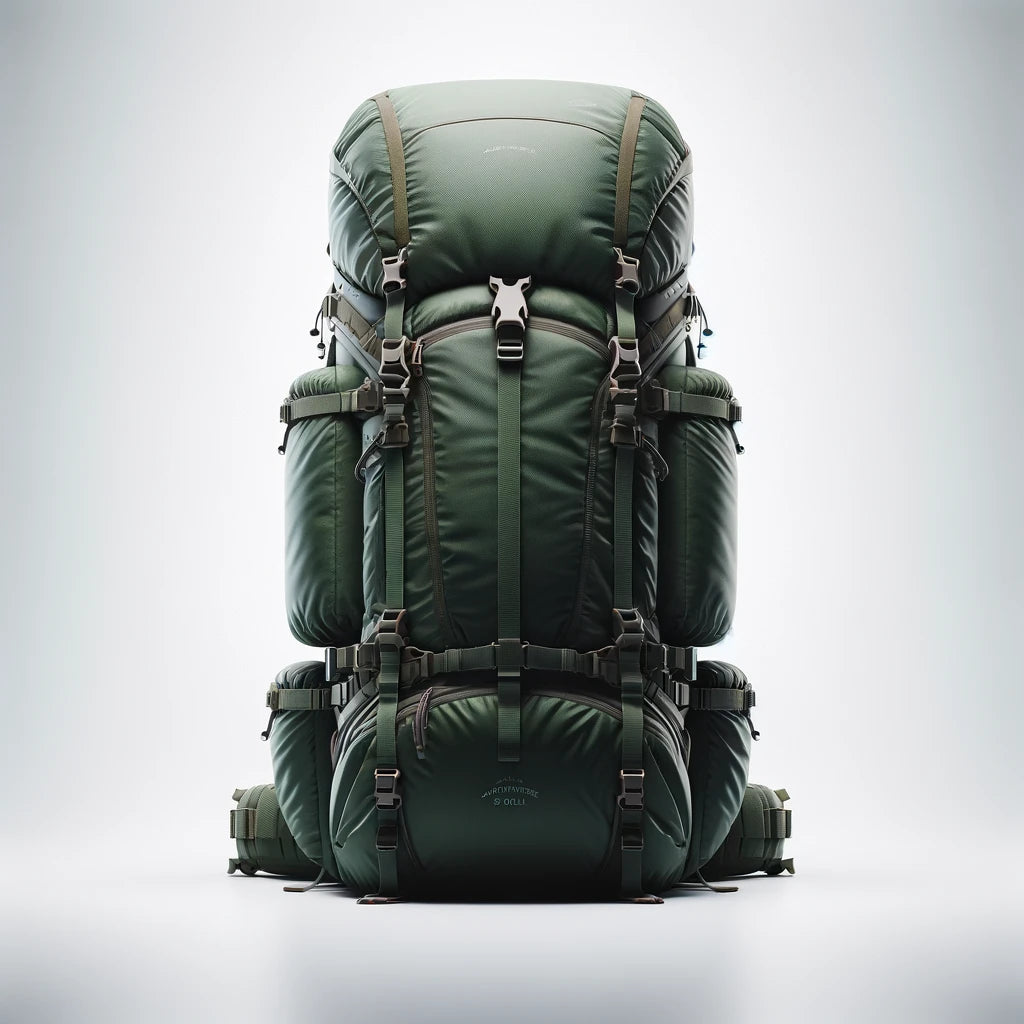 Alpine Explorer 60L hiking backpack in green, front view, fully loaded with frame and straps