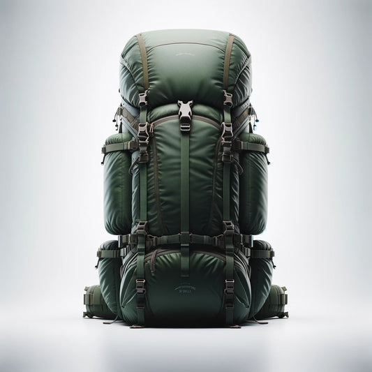 Alpine Explorer 60L hiking backpack in green, front view, fully loaded with frame and straps