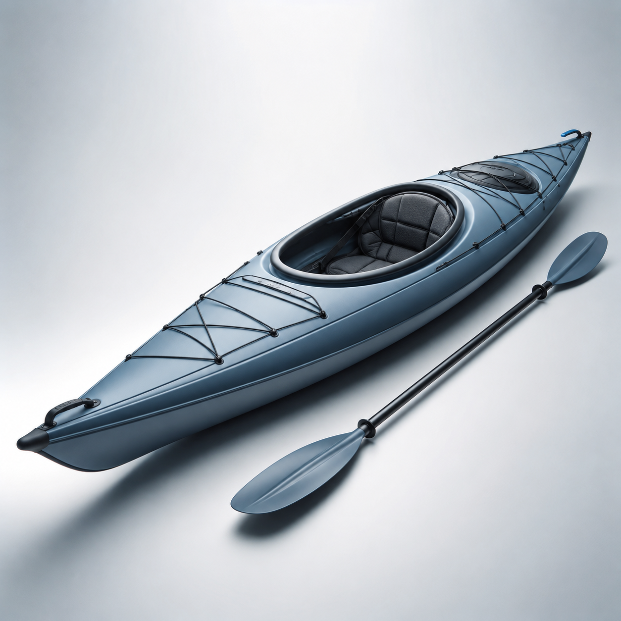 RapidFlow recreational kayak in blue with paddle, top-down view